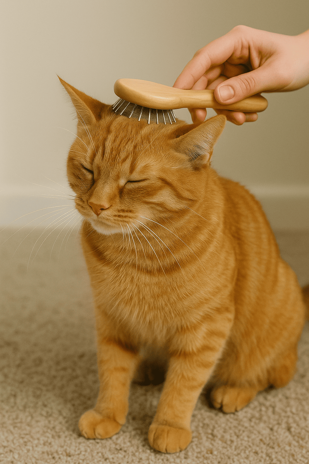 Gato atigrado naranja disfrutando mientras es cepillado suavemente con un peine de madera sobre una alfombra clara